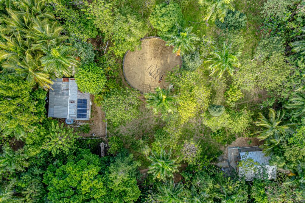 Aerial view of the sanctuary with the round pen and surrounding land
