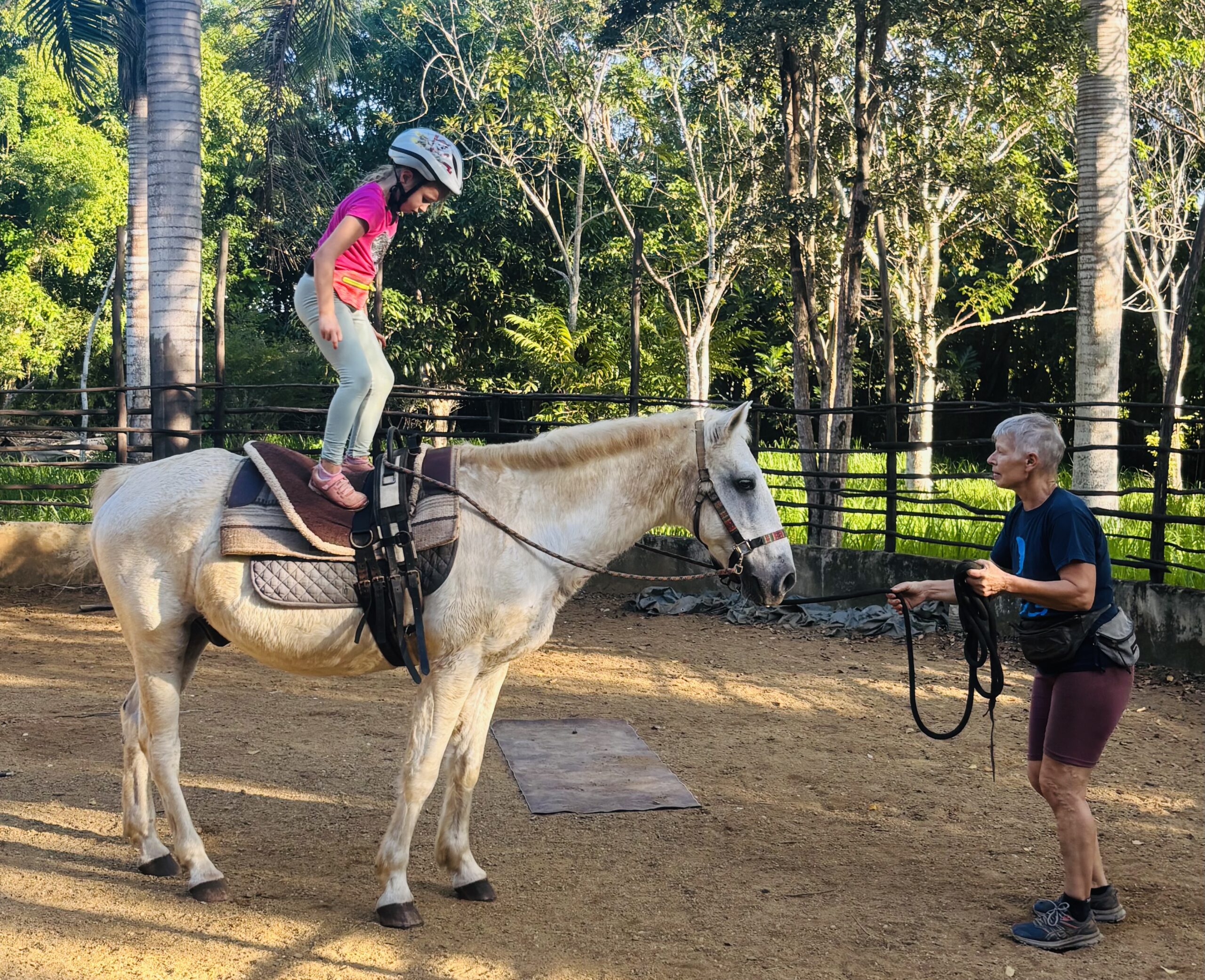 A young girl wearing a helmet stands on a white horse's back while a woman holds the lead rope